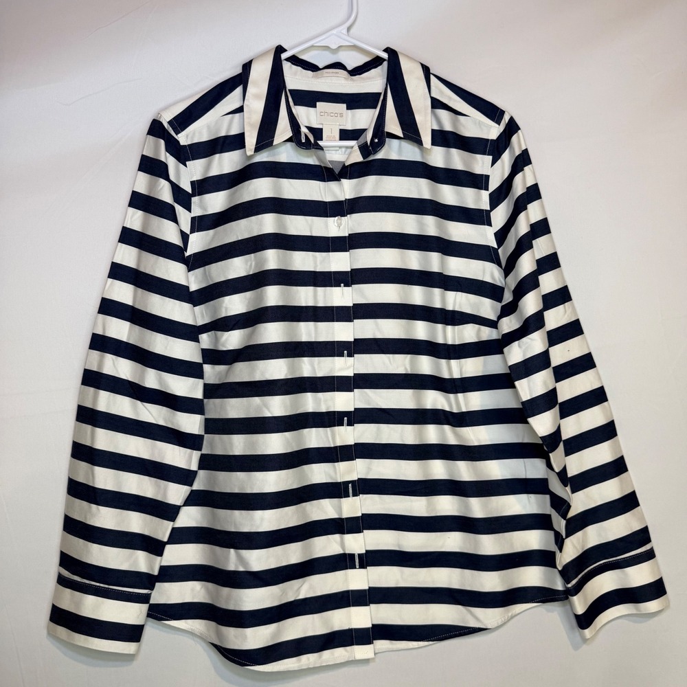 Chicos No-Iron Button Down Shirt Navy White Striped Long Sleeve Size 1 M Womens